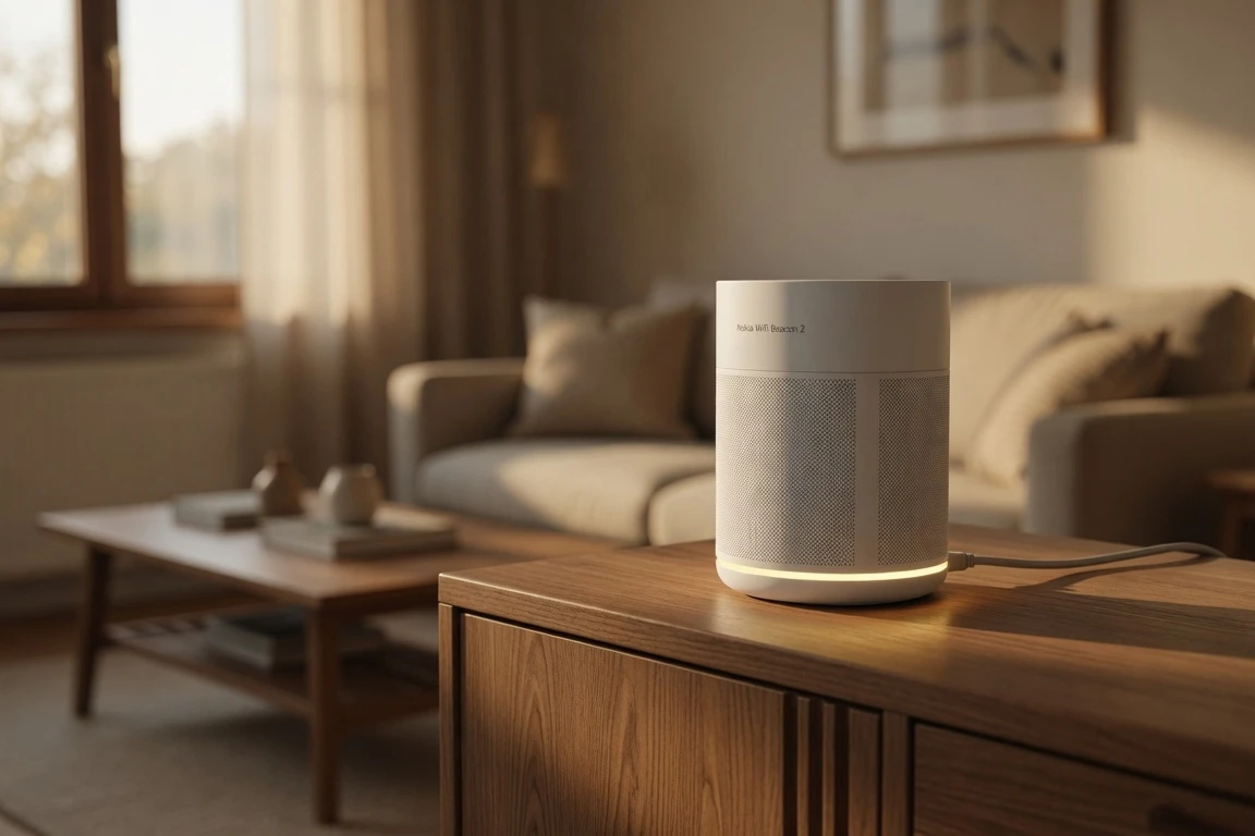 Nokia WiFi Beacon 2 mesh node on sideboard