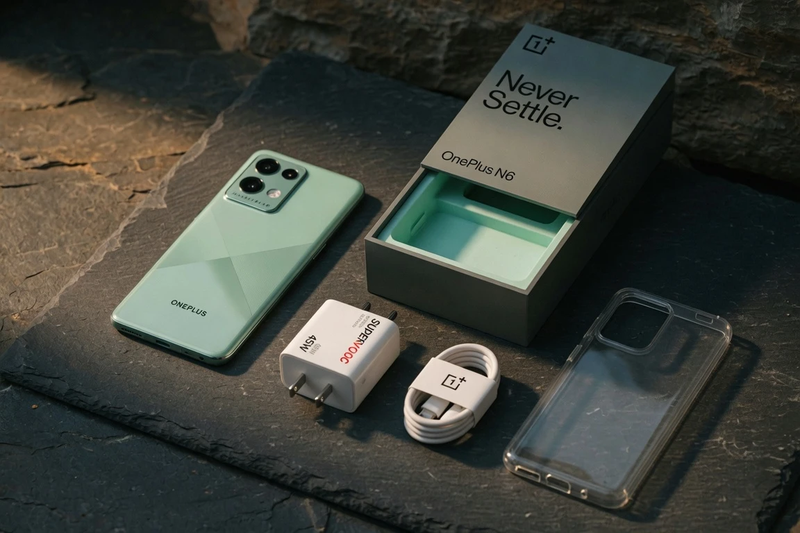 OnePlus N6 box contents with charger and case