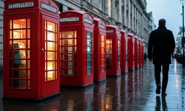 Preston red phone boxes converted to LED digital screens on Market Street.