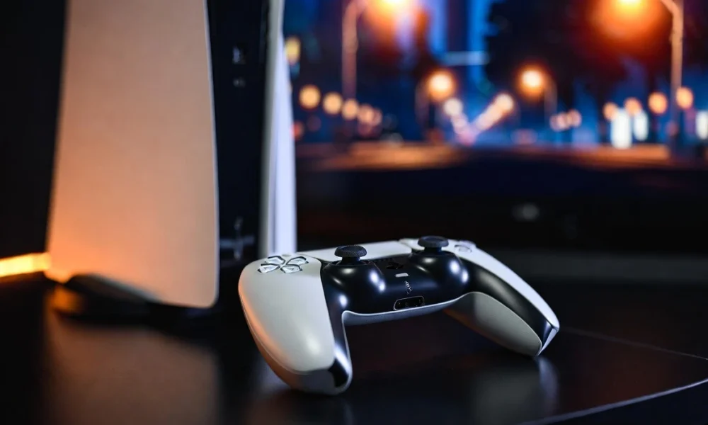PS5 vs Xbox GTA 6 pre-order scene with DualSense controller in focus