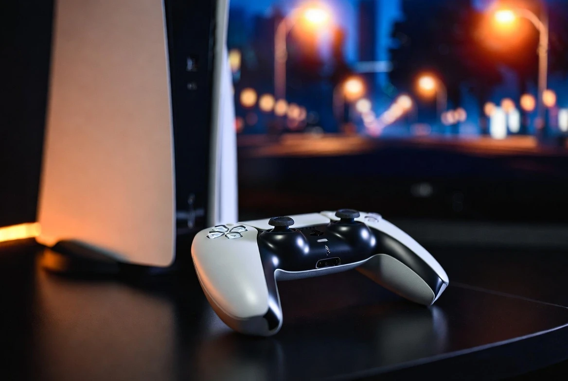 PS5 vs Xbox GTA 6 pre-order scene with DualSense controller in focus