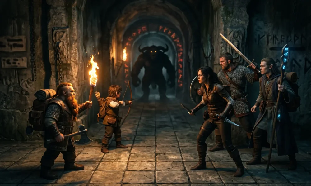 Terrinoth Heroes of Descent tactical RPG heroes in a dungeon battle