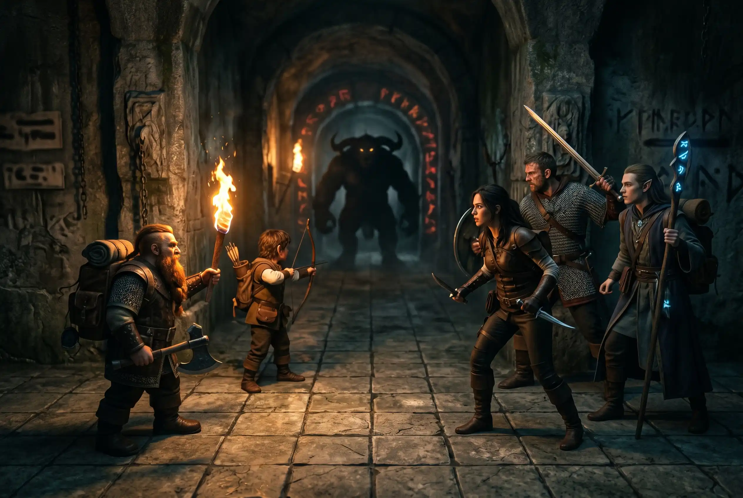 Terrinoth Heroes of Descent tactical RPG heroes in a dungeon battle