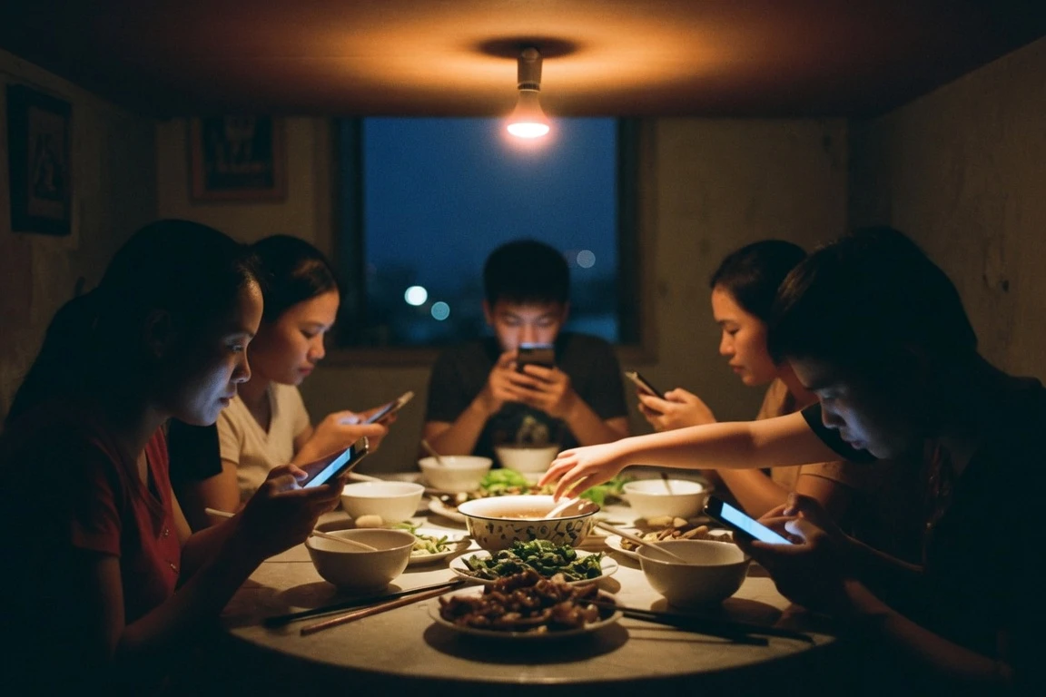 vietnamese family smartphone use during dinner