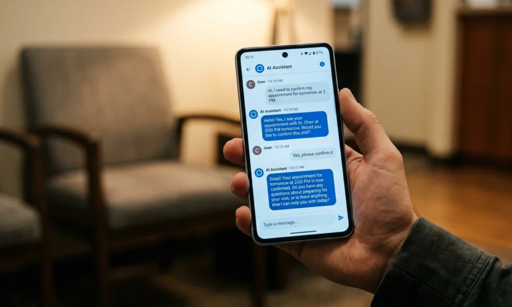 AI appointment reminder text conversation on smartphone screen