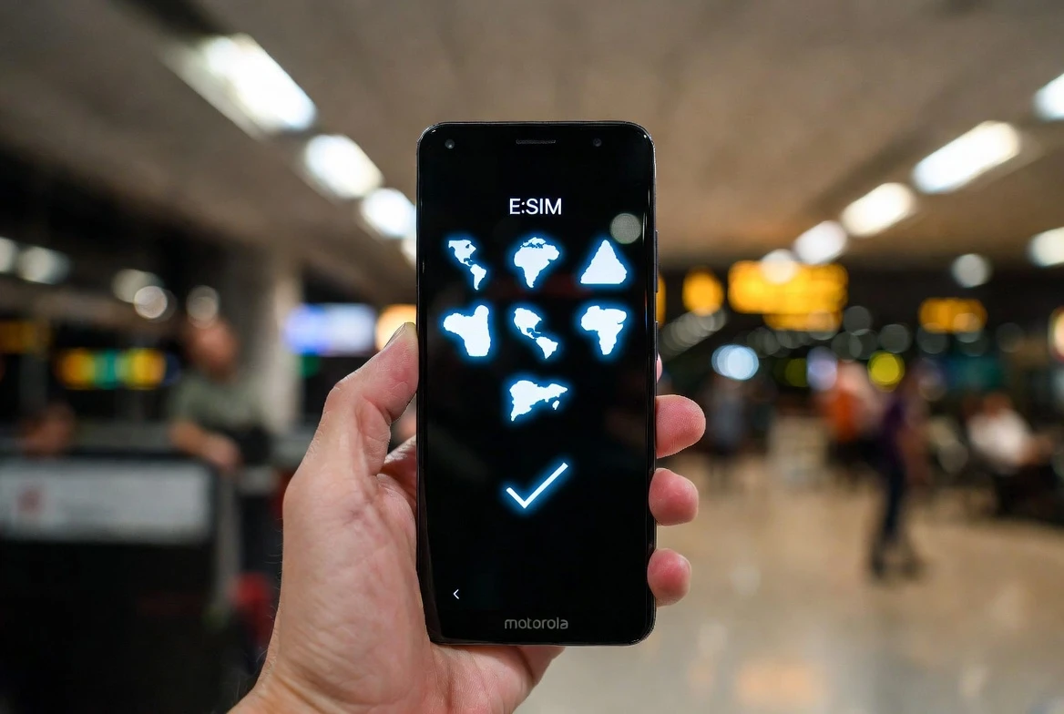 Motorola Global Connect eSIM app activation phone close-up