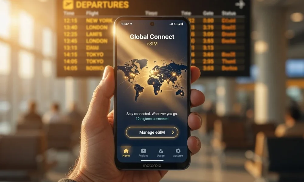 Motorola Global Connect eSIM travel app on a smartphone