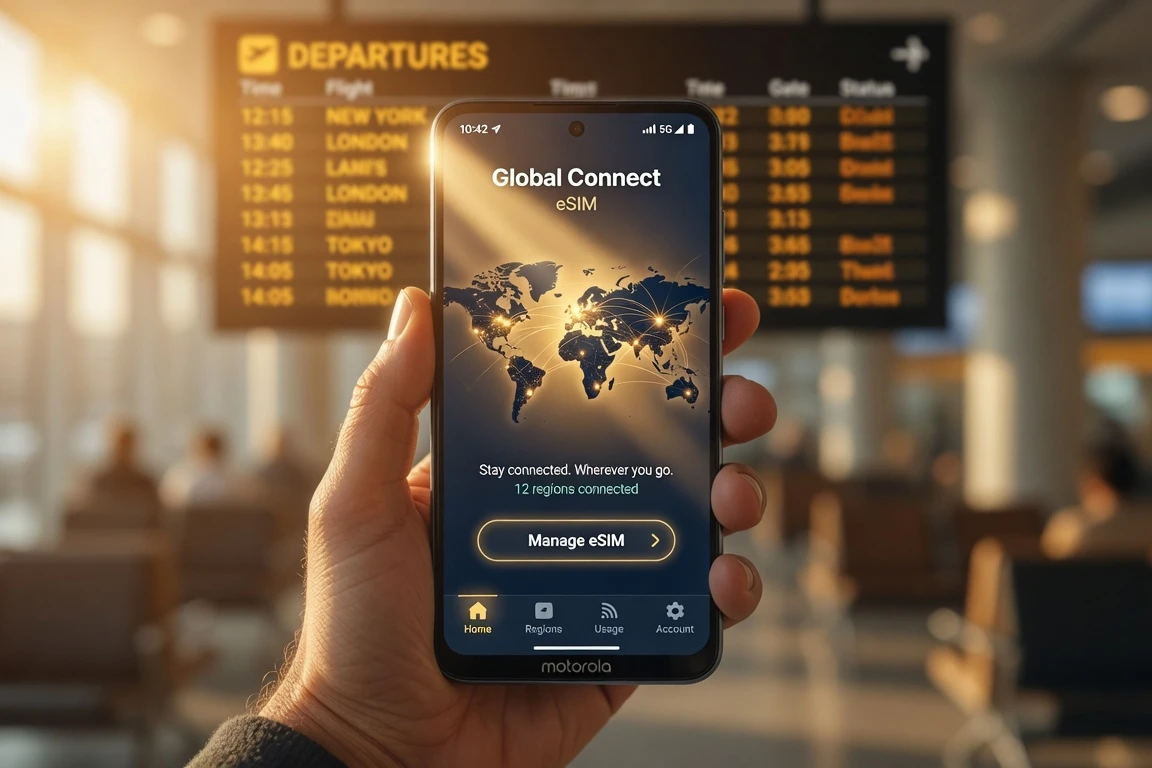 Motorola Global Connect eSIM travel app on a smartphone