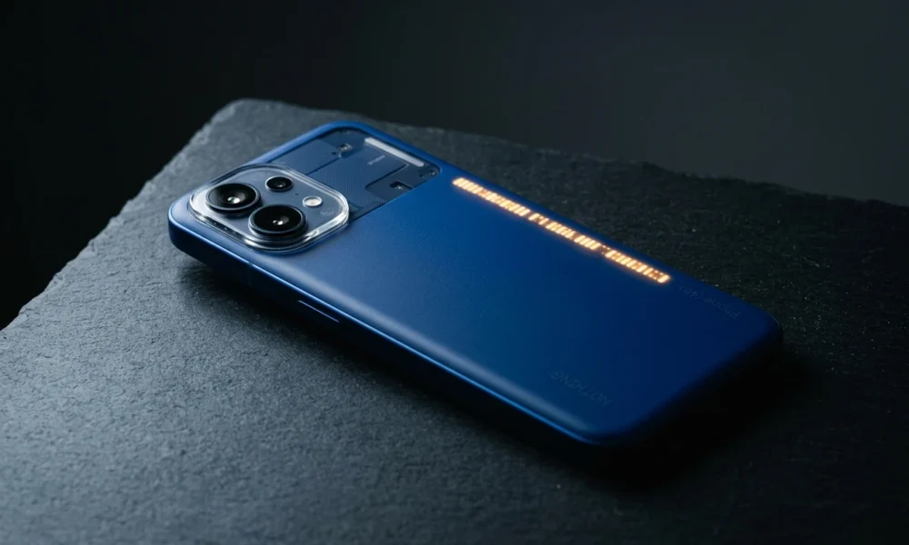 Nothing Phone 4b blue rear with Glyph Bar lit