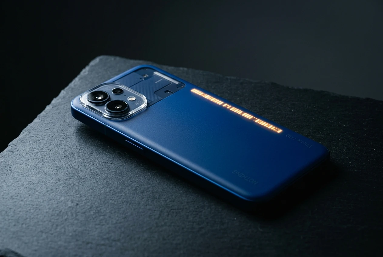 Nothing Phone 4b blue rear with Glyph Bar lit