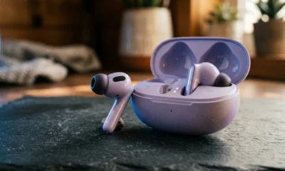 Oppo Enco Air 5 earbuds in matte Lavender Purple charging case