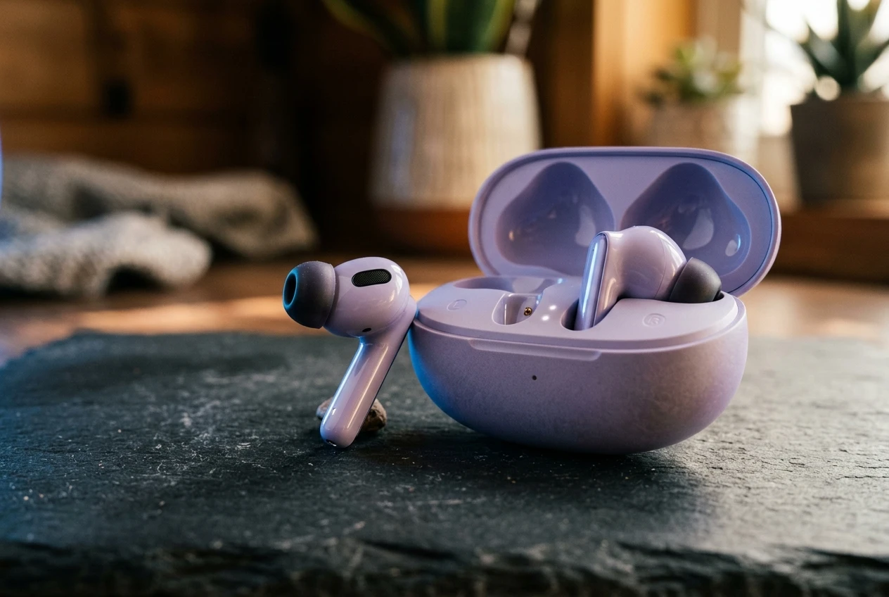 Oppo Enco Air 5 earbuds in matte Lavender Purple charging case