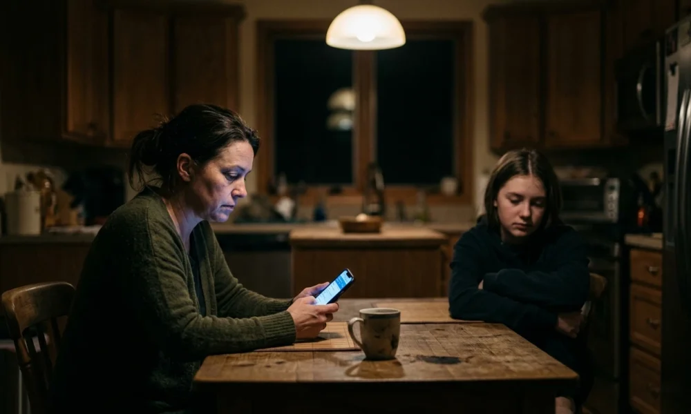Parent distracted by phone while teen sits nearby