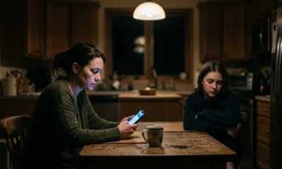 Parent distracted by phone while teen sits nearby