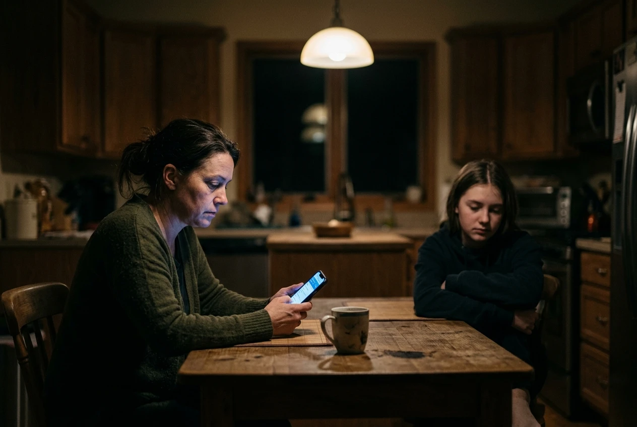 Parent distracted by phone while teen sits nearby