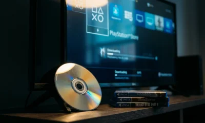 PlayStation game disc resting against modern TV base