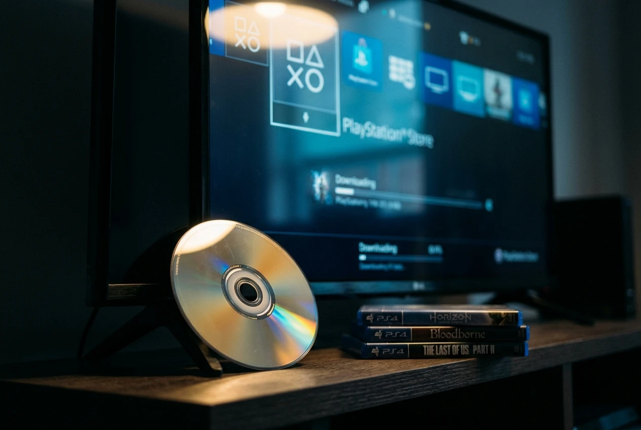 PlayStation game disc resting against modern TV base