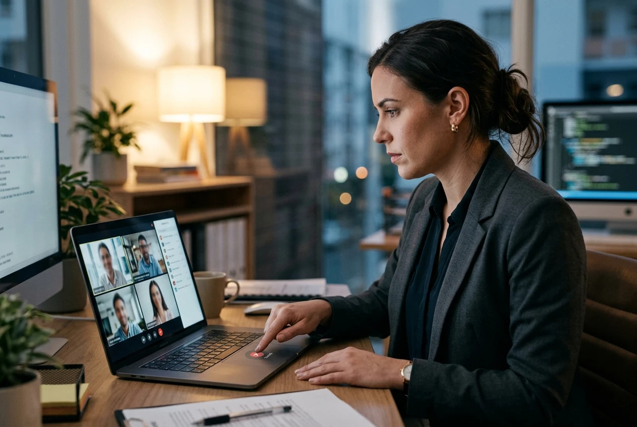 professional rejecting AI meeting notetaker joining video call