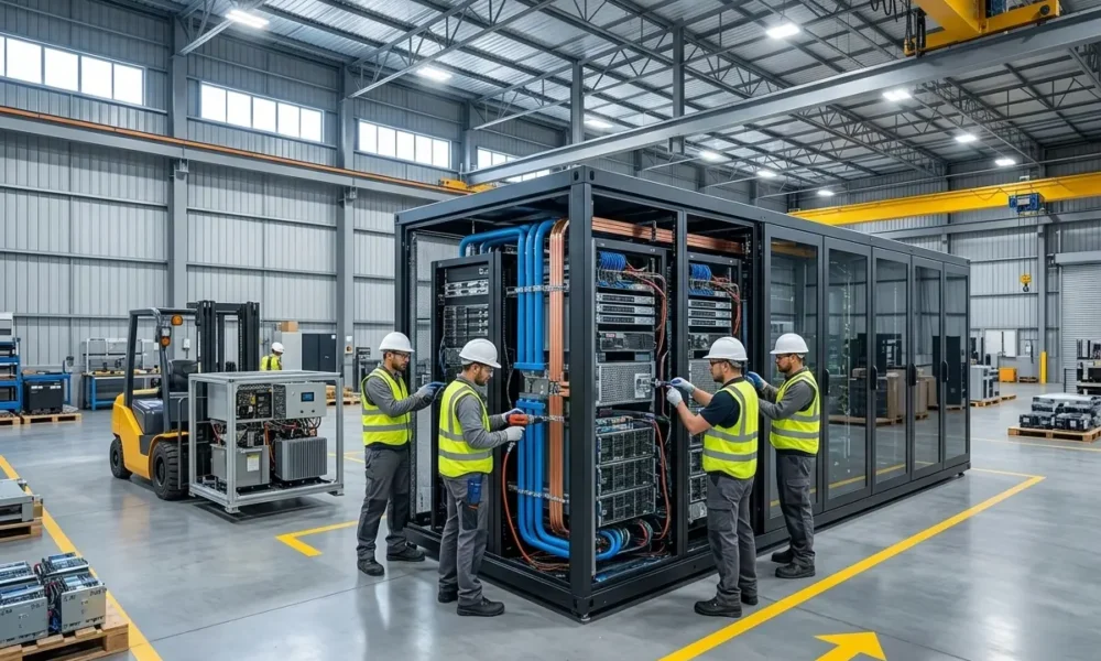 Schneider prefabricated modular AI data center pods factory assembly