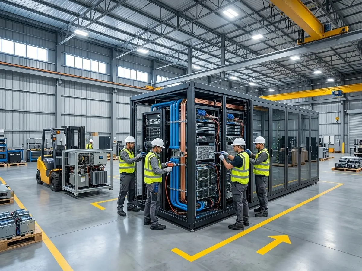 Schneider prefabricated modular AI data center pods factory assembly
