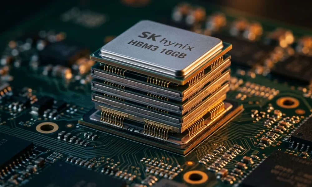 SK Hynix stock HBM AI memory chip close-up