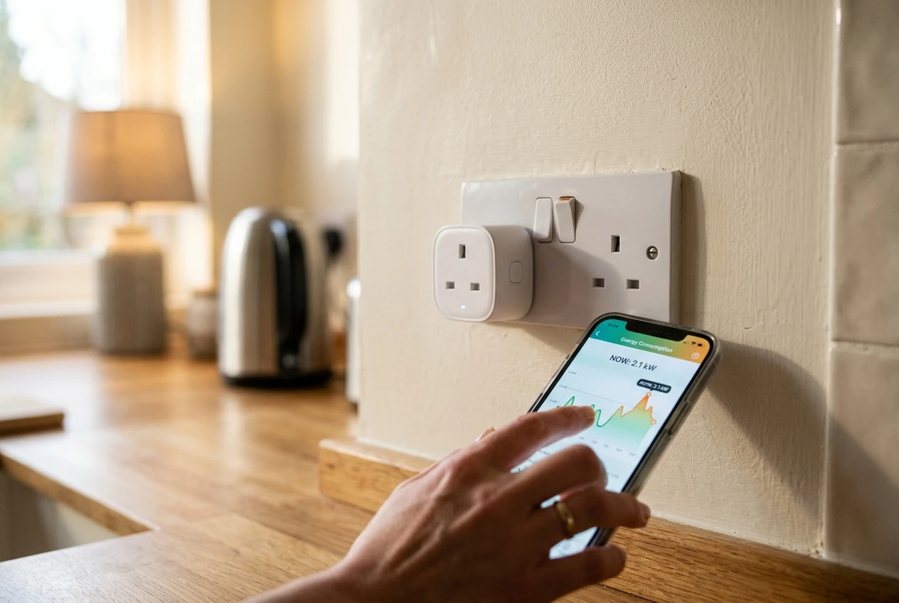 Tapo P110 plug showing real-time appliance energy use on a phone