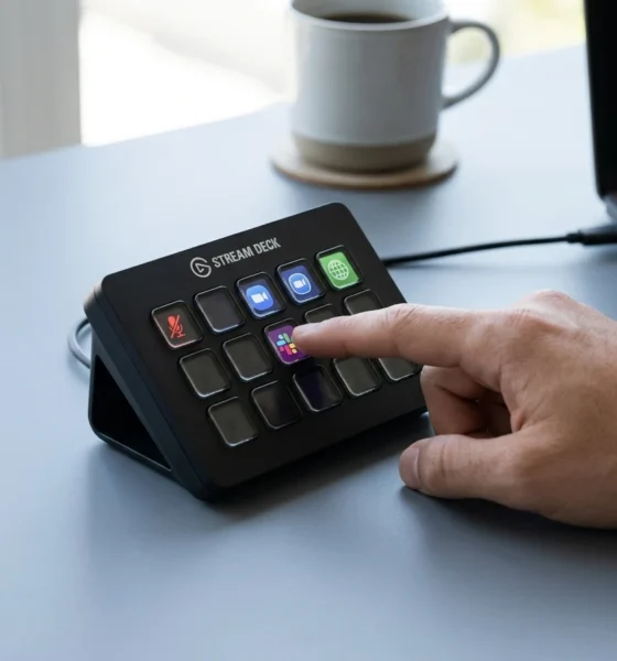 Elgato Stream Deck MK.2 productivity buttons on office desk
